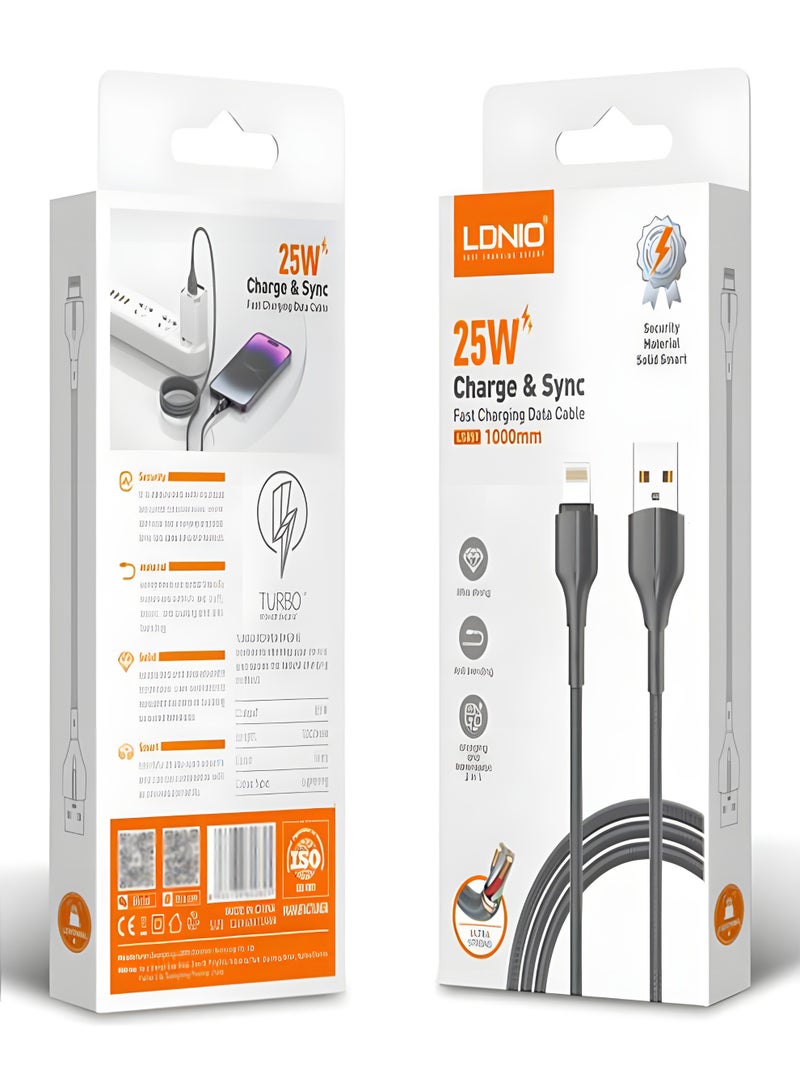 لدنيو كابل LDNIO Lightning شحن سريع 25W USB-A – كابل آيفون أصلي عالي التحمل لنقل البيانات، سلك مجدول مضاد للانثناء 1 متر - Image 5