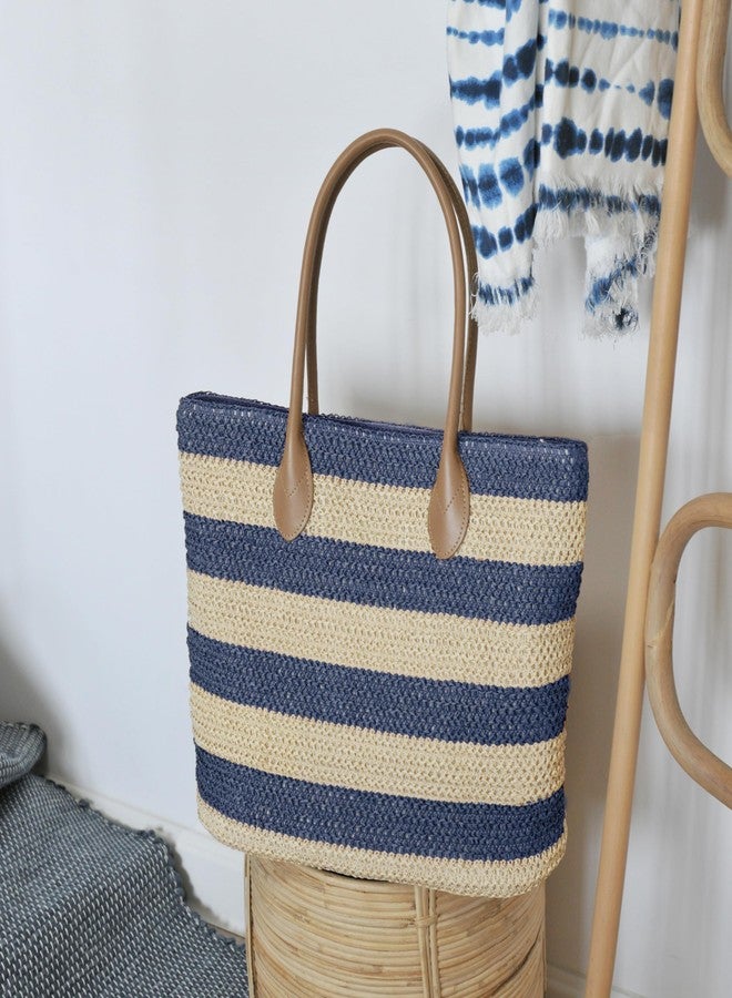 Hoxis Striped Synthetic Straw Womens Tote Light Weight Vaction Shoulder Handbag (Navy) Medium - Image 3