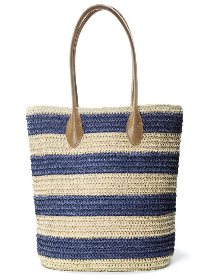 Hoxis Striped Synthetic Straw Womens Tote Light Weight Vaction Shoulder Handbag (Navy) Medium - Image 1