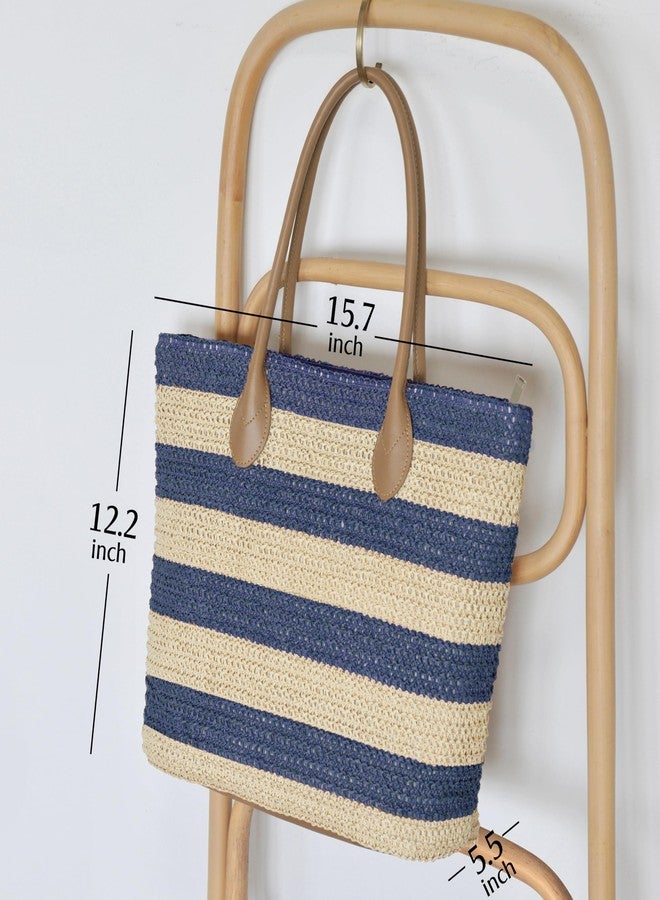Hoxis Striped Synthetic Straw Womens Tote Light Weight Vaction Shoulder Handbag (Navy) Medium - Image 2
