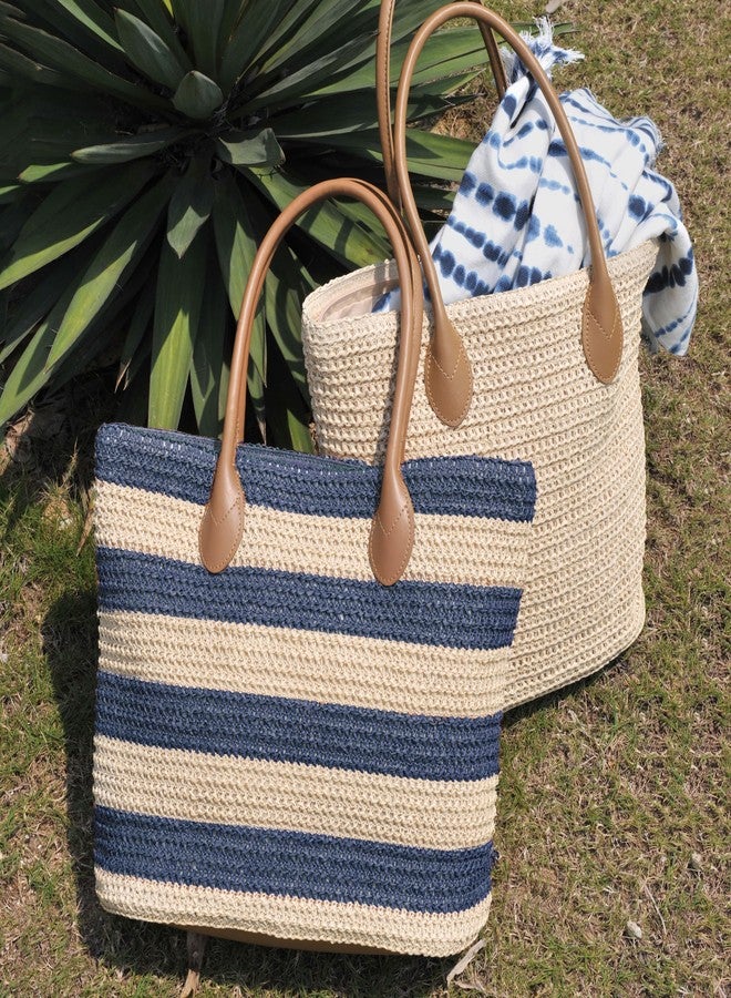 Hoxis Striped Synthetic Straw Womens Tote Light Weight Vaction Shoulder Handbag (Navy) Medium - Image 5