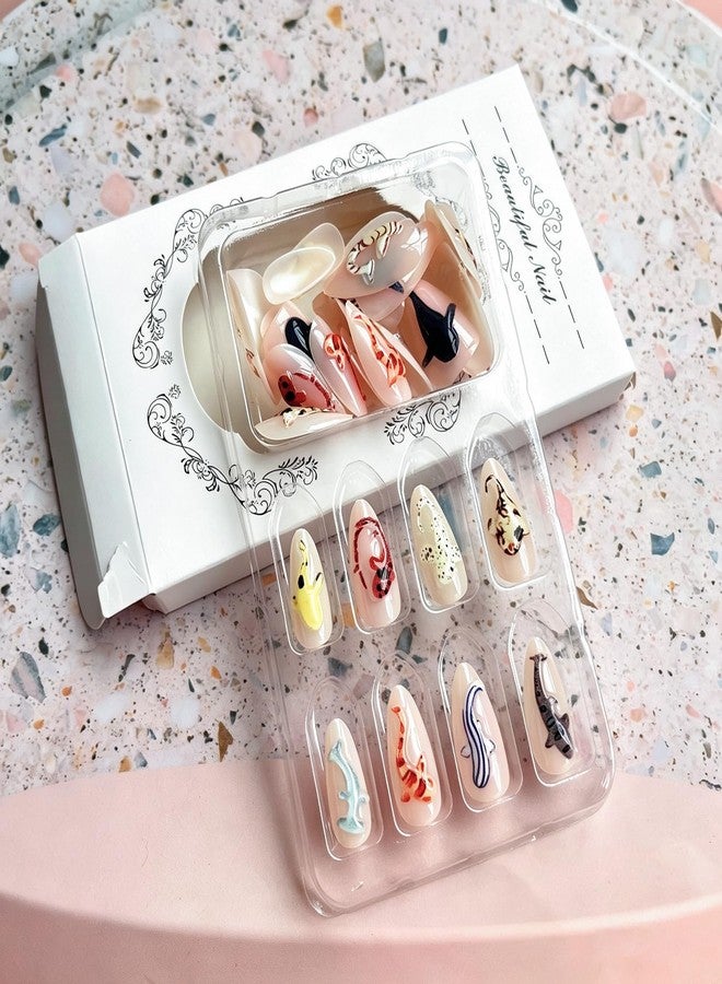LYLYNB 30Pcs 3D Almond Press on Nails Cute Shark Fake Nails Medium Length False Nails Glossy Nude Acrylic Nails Ocean Animals Design Reusable Nails Press ons DIY Summer Manicure Decorations for Women - Image 4