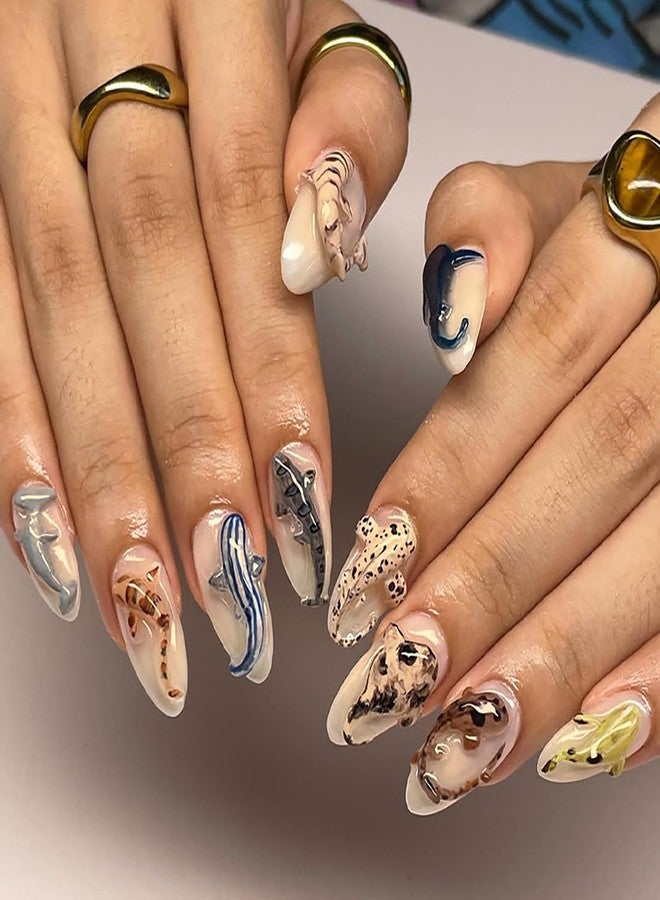 LYLYNB 30Pcs 3D Almond Press on Nails Cute Shark Fake Nails Medium Length False Nails Glossy Nude Acrylic Nails Ocean Animals Design Reusable Nails Press ons DIY Summer Manicure Decorations for Women - Image 1