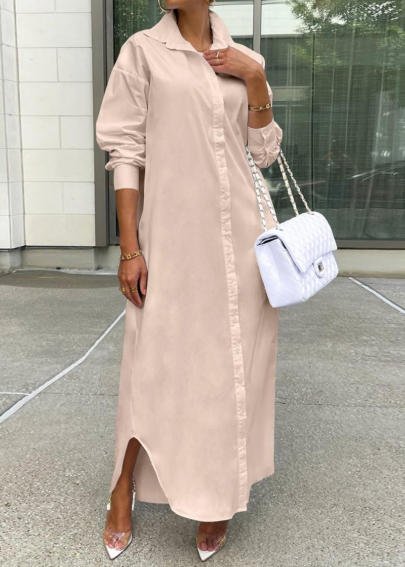 Choichic Shirt Dresses for Women Casual Long Sleeve Collared Solid Color Loose Button Down T Shirts Dress Plus Size Maxi Dresses Large Khaki - Image 2