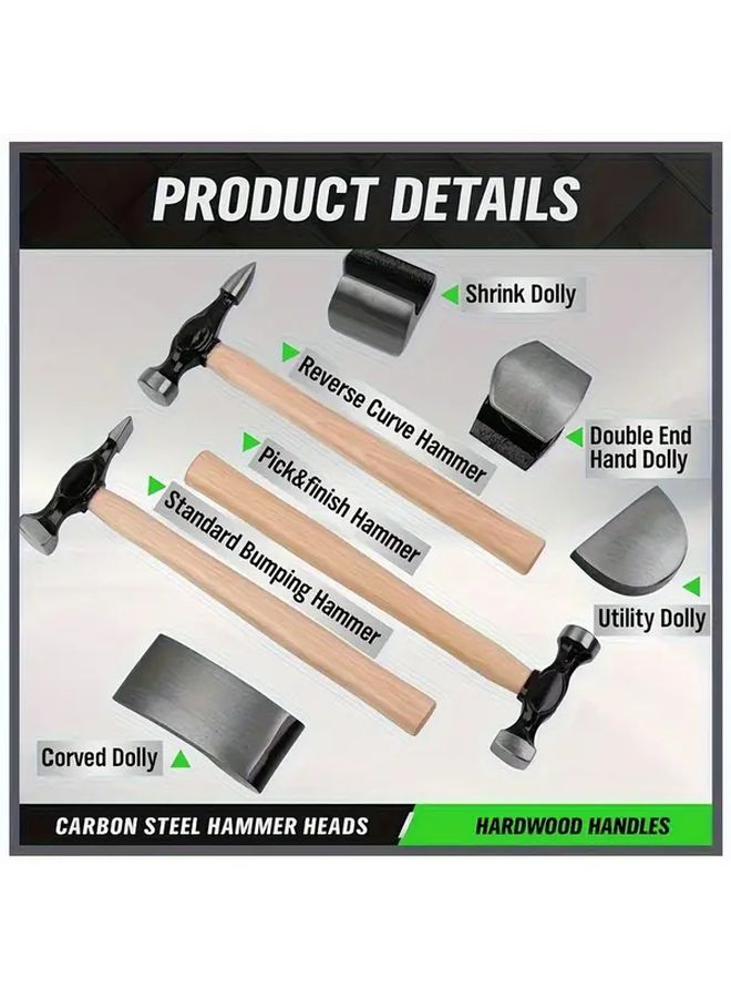 7 Piece Auto Body Repair Kit With Wooden Handle Fender Repair Tool Set Carbon Steel Hammer Heads - Image 5