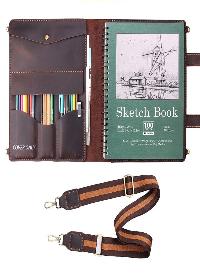 Robrasim Handmade Leather Sketchbook Cover, Artist Sketch Pad Holder for 9"X12" Sketchbook, Drawing Book and Pencil Case, Journal Notebook Portfolio with Shoulder Strap, Artist Gifts, Coffee - Image 1