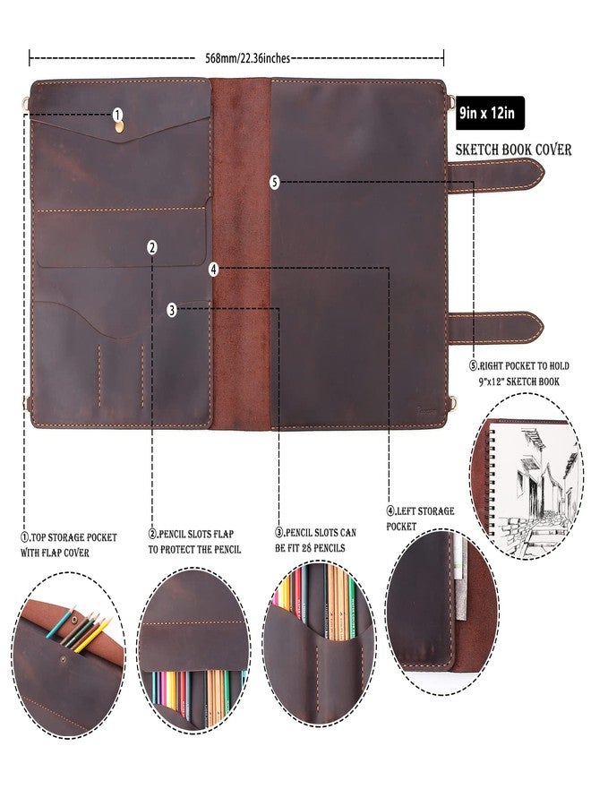 Robrasim Handmade Leather Sketchbook Cover, Artist Sketch Pad Holder for 9"X12" Sketchbook, Drawing Book and Pencil Case, Journal Notebook Portfolio with Shoulder Strap, Artist Gifts, Coffee - Image 2