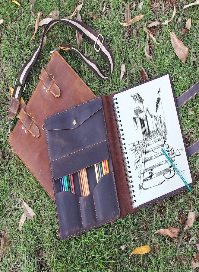 Robrasim Handmade Leather Sketchbook Cover, Artist Sketch Pad Holder for 9"X12" Sketchbook, Drawing Book and Pencil Case, Journal Notebook Portfolio with Shoulder Strap, Artist Gifts, Coffee - Image 5