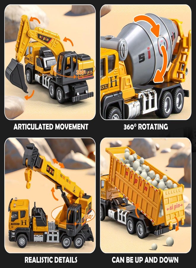 TAKGUD 4 Packs Metal Construction Trucks Playsets, Mini Friction Powered Engineering Vehicle, Crane, Excavator, Cement Mixer, Dump Truck Toys for Boys 3-5 Years Old, Die-Cast Trucks for Toddlers Kid - Image 4