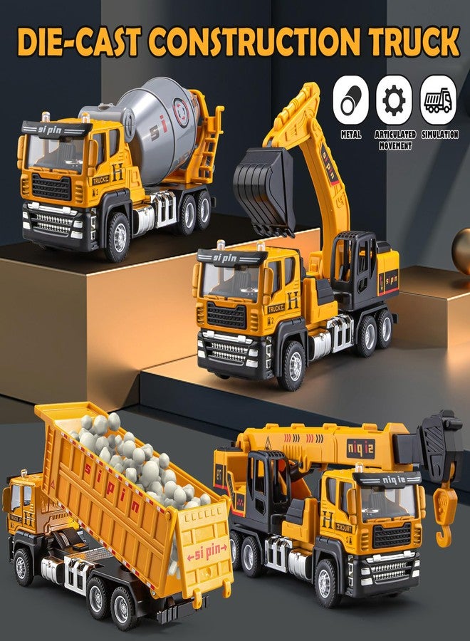 TAKGUD 4 Packs Metal Construction Trucks Playsets, Mini Friction Powered Engineering Vehicle, Crane, Excavator, Cement Mixer, Dump Truck Toys for Boys 3-5 Years Old, Die-Cast Trucks for Toddlers Kid - Image 2