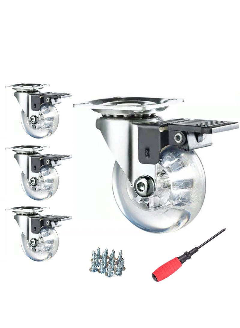 SYOSI Swivel Caster Wheel, 3 Inch, Set of 4 for Furniture 800lbs, Lockable Heavy Duty Clear Polyurethane Rolling Wheels with 360 Degree Top Plate for Cabinet, Ottoman, Bench Gel Clear, Screws Included - Image 1