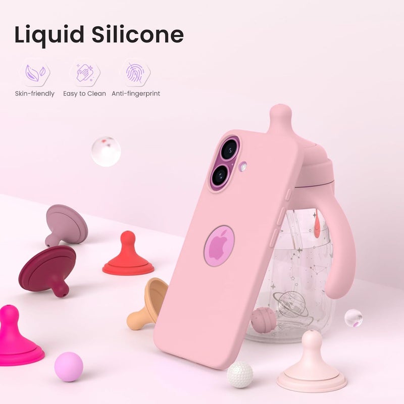 Elzzi غطاء ميكروفايبر مع شعار متوافق مع غطاء آيفون 16 من سائل السيليكون، غطاء كامل الجسم 4 طبقات واقية، غطاء خلفي مضاد للصدمات مع حواف كاميرا مرتفعة (6.1 بوصة، وردي) - Image 4