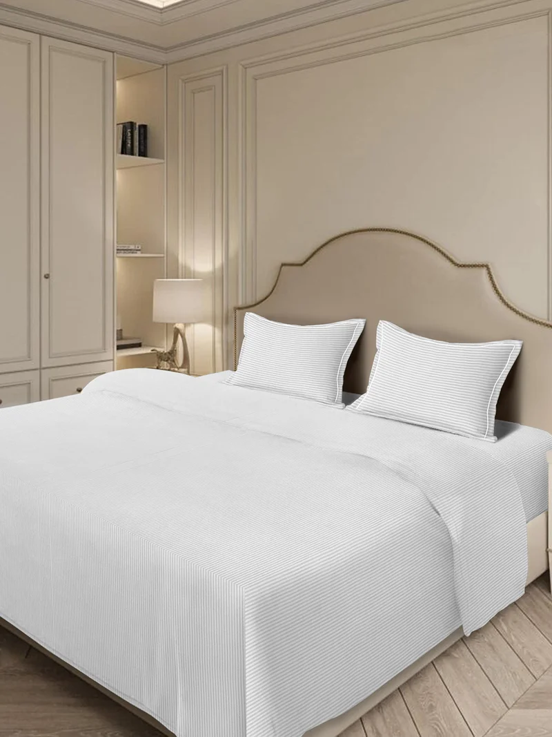 MULBERRY LIVING 100% Cotton_4 pc set -Linear Luxe- 1 fitted bedsheet 180x200x30cms / 1 duvet cover 260x240 cms / 2 pillowcovers 50x75 cms - White