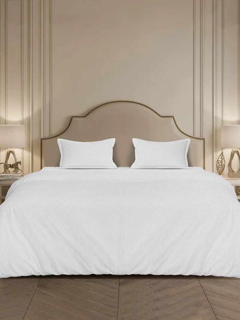 MULBERRY LIVING 100% Cotton_4 pc set -Linear Luxe- 1 fitted bedsheet 180x200x30cms / 1 duvet cover 260x240 cms / 2 pillowcovers 50x75 cms - White