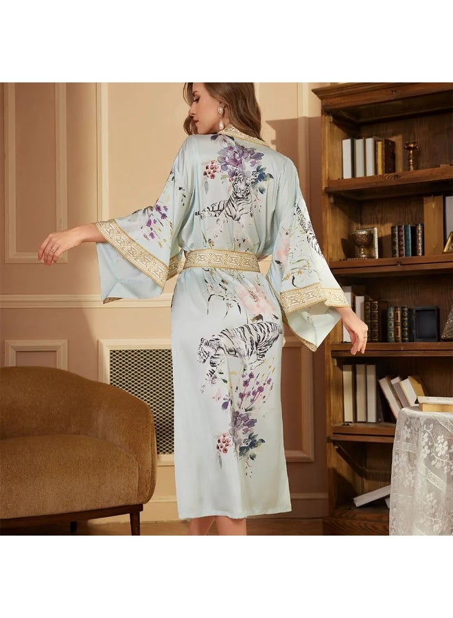 Closme Women's Silk Chiffon Long Robe, Tiger Print Floral Kimono Bathrobe, Luxury Gold Trim Modest Sleepwear Loungewear with Belt - Image 2