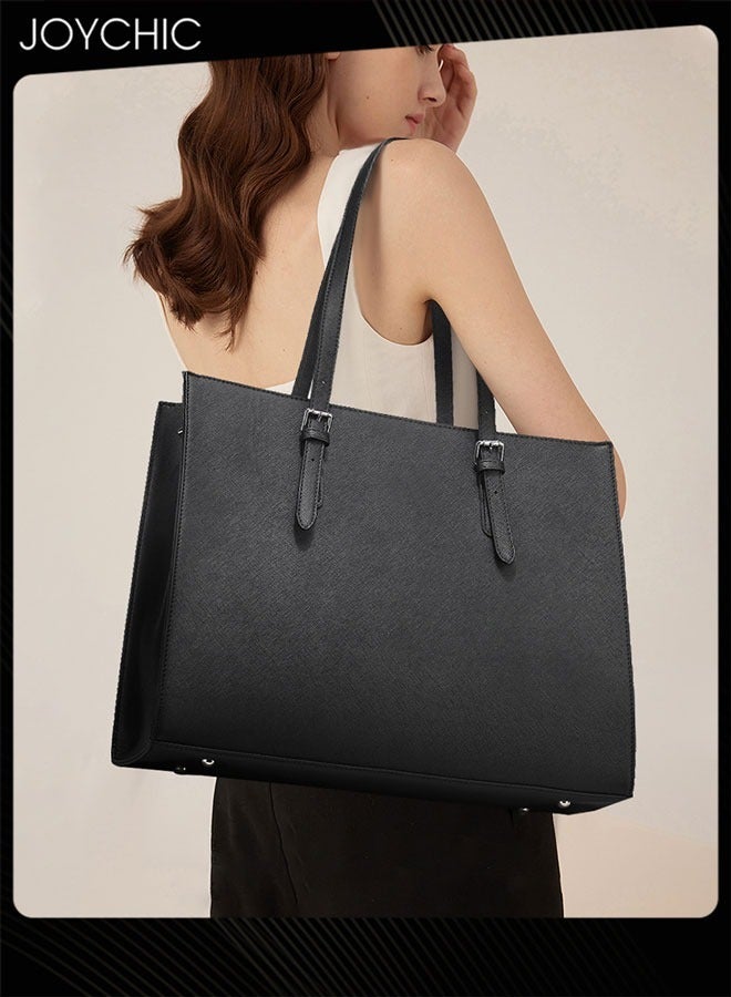 Joychic حقيبة لابتوب نسائية خفيفة الوزن بسعة كبيرة جلدية للعمل، حقيبة كمبيوتر مقاومة للماء، حقيبة مستندات 15.6 بوصة، حقيبة أعمال مكتبية، حقيبة كتف سوداء - Image 1