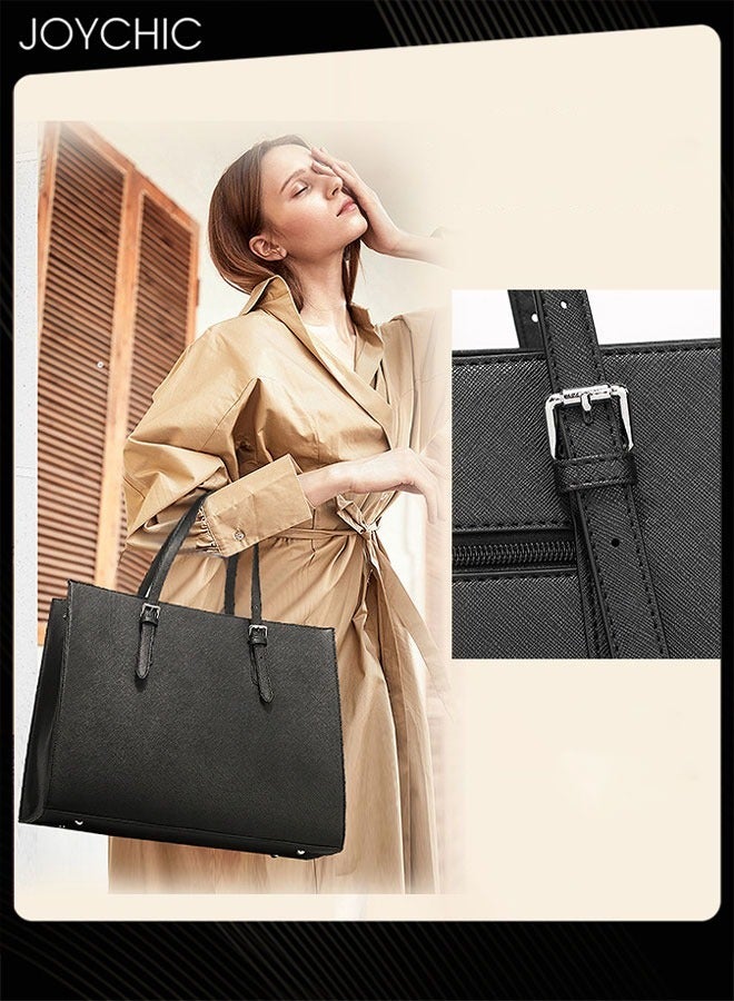 Joychic حقيبة لابتوب نسائية خفيفة الوزن بسعة كبيرة جلدية للعمل، حقيبة كمبيوتر مقاومة للماء، حقيبة مستندات 15.6 بوصة، حقيبة أعمال مكتبية، حقيبة كتف سوداء - Image 2