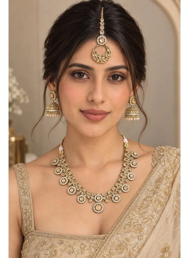 Lehar Peach Kundan Necklace Set with Jhumka Earrings & Maang Tikka - Indian Bridal Jewelry
