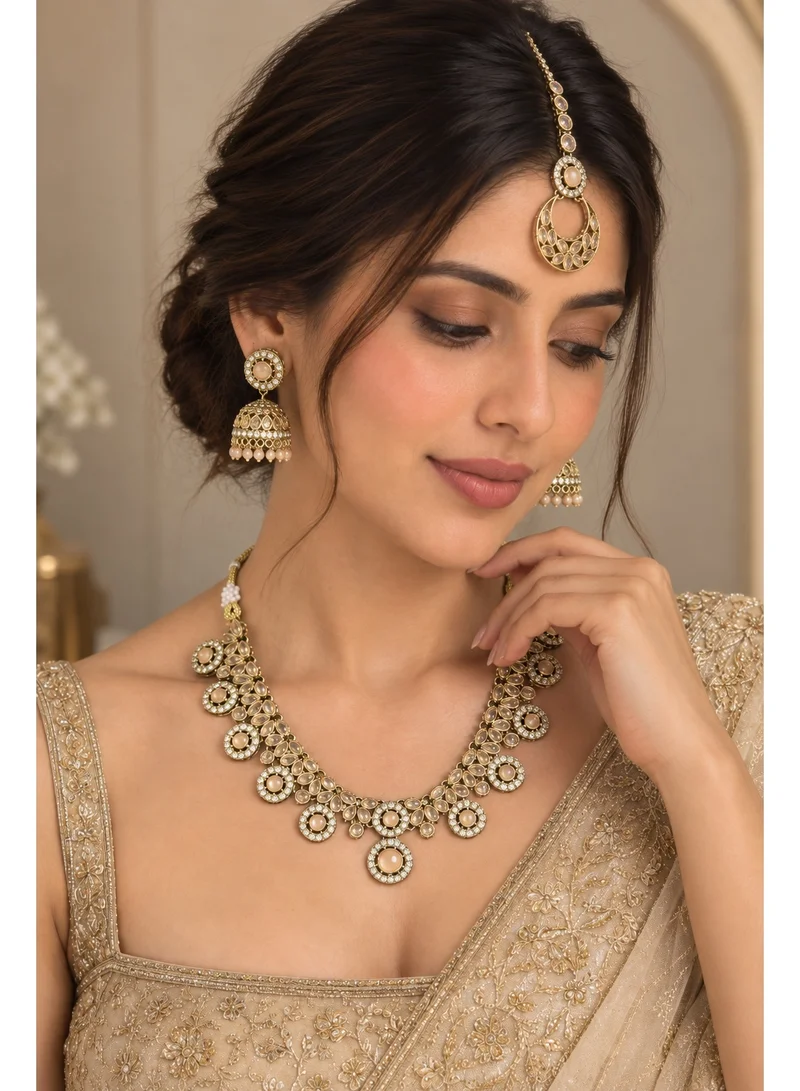 Lehar Peach Kundan Necklace Set with Jhumka Earrings & Maang Tikka - Indian Bridal Jewelry