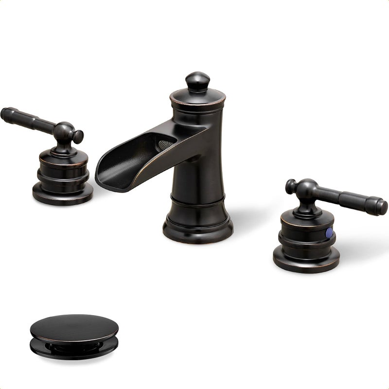 HOIGY Oil Rubbed Bronze Bathroom Faucet Brass Waterfall Faucet Widespread Bathroom Sink Faucet 3 Hole 416 Inch Bathroom Faucets with Pop Up Drain 2 Handle Supply Hose for Hotel Farmhouse Antique - Image 2