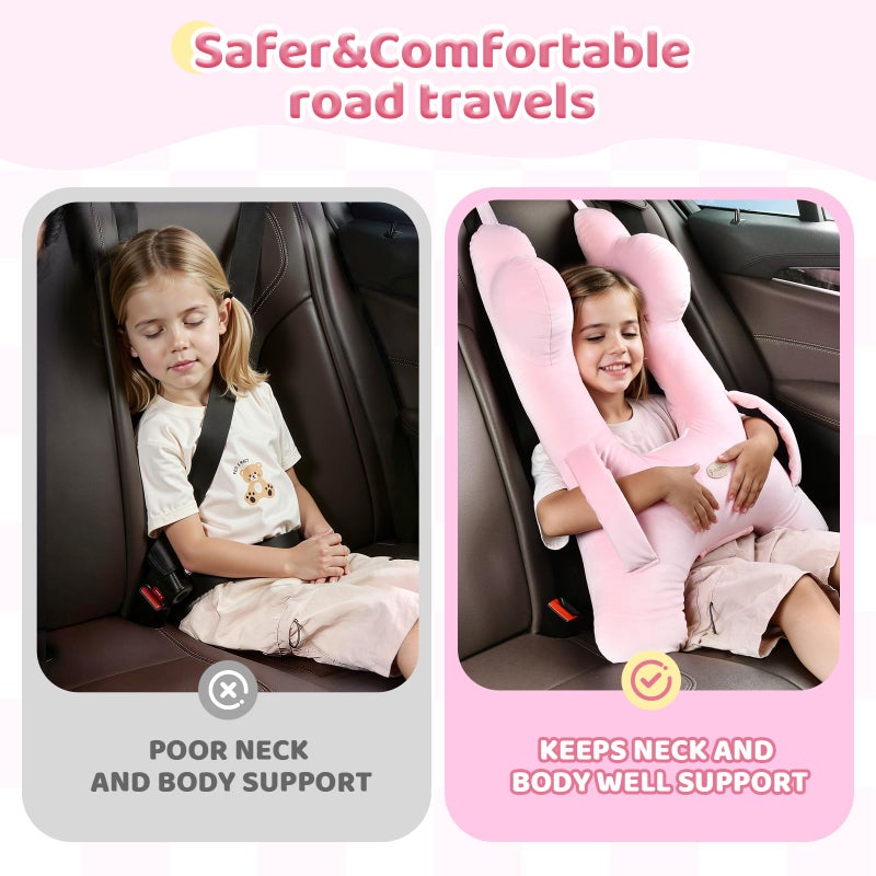 FLORICH Kids Travel Pillow, Car Sleeping Travel Pillow for Kids, Washable H-Shaped Pillow for Adults and Children to Support Head and Body for Road Trips Pillow for Car (Pink) - Image 2