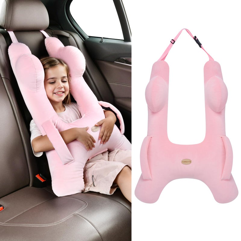 FLORICH Kids Travel Pillow, Car Sleeping Travel Pillow for Kids, Washable H-Shaped Pillow for Adults and Children to Support Head and Body for Road Trips Pillow for Car (Pink) - Image 1