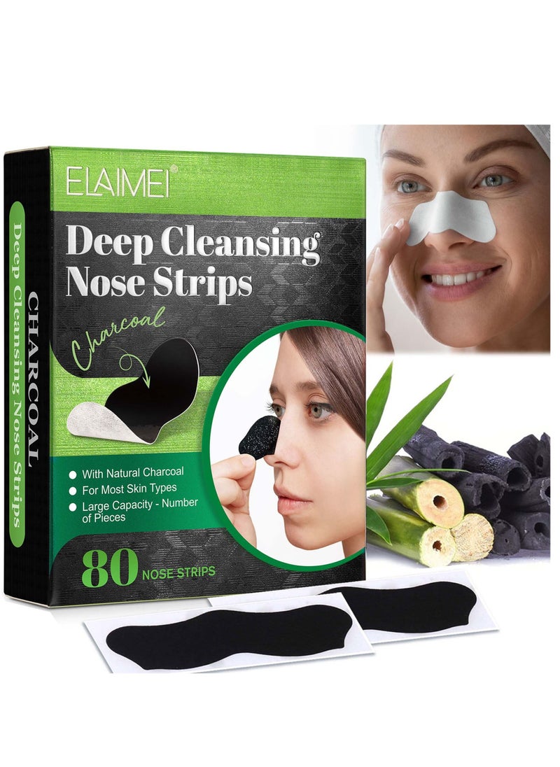 Elaimei 80 Pieces Deep Cleansing Nose Strips Pores Cleaning Natural Charcoal Nose Strips for Face Nose Pores Deep Cleansing Face Oil and Blackheads for All Skin Types  - Image 1