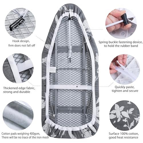 MZXcuin Small Ironing Board Cover Scorch Resistant, Cotton Table top Ironing Board Cover with Padding Heat Reflective Heavy Duty Pad (Grey Floral, 12.5"x32") - Image 4