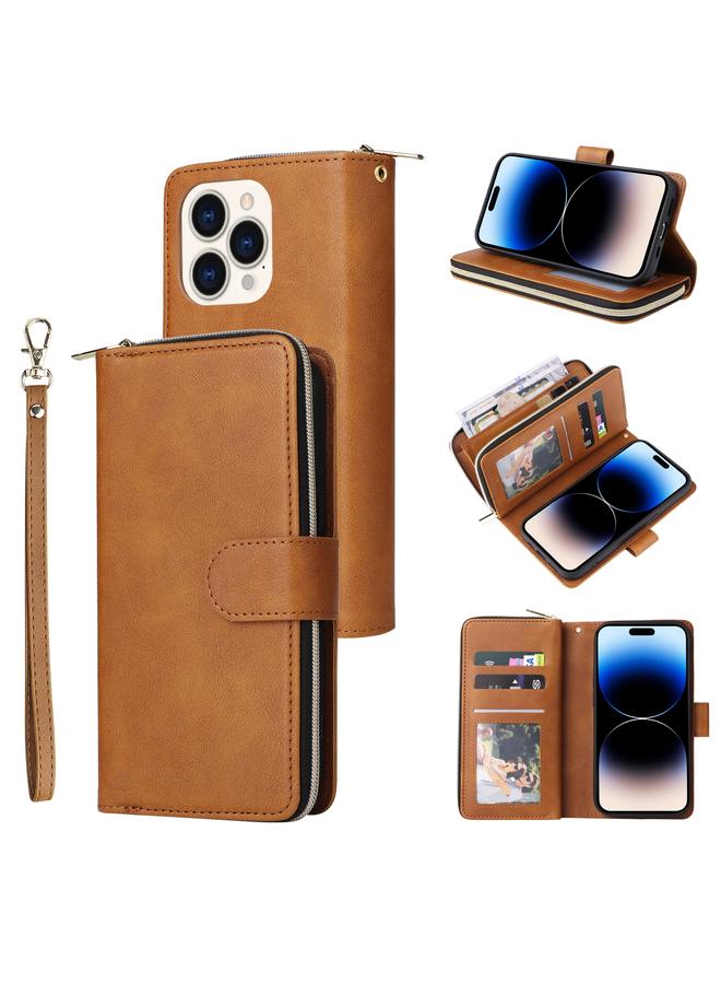S-TOP Case For iPhone 14 Pro 9 Card Slots Zipper Wallet Bag Leather Phone Case - Image 1