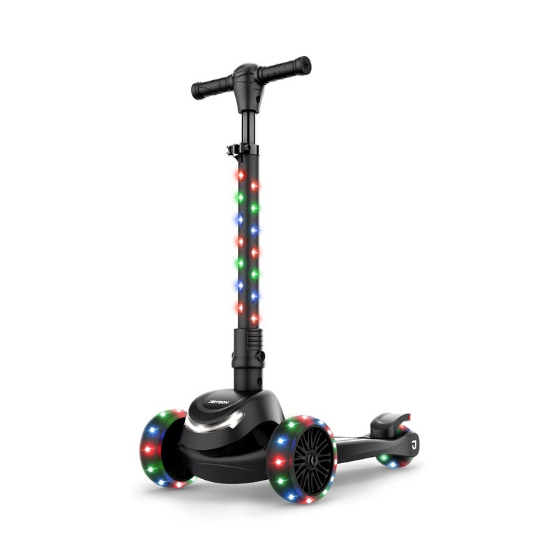 Jetson Scooters - Jupiter Mini 3 Wheel Kick Scooter (Black) - Collapsible Portable Kids Three Wheel Push Scooter - Lightweight Folding Design with High Visibility RGB Light Up LEDs on Stem and Wheels - Image 1