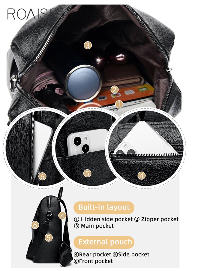 roaiss Large Capacity PU Leather Backpack for Women Trendy Anti-Theft Travel Daypack for Mothers Students Vintage Shoulder Bags Multipurpose Design Convertible Satchel Handbags with Side Zippers - Image 3