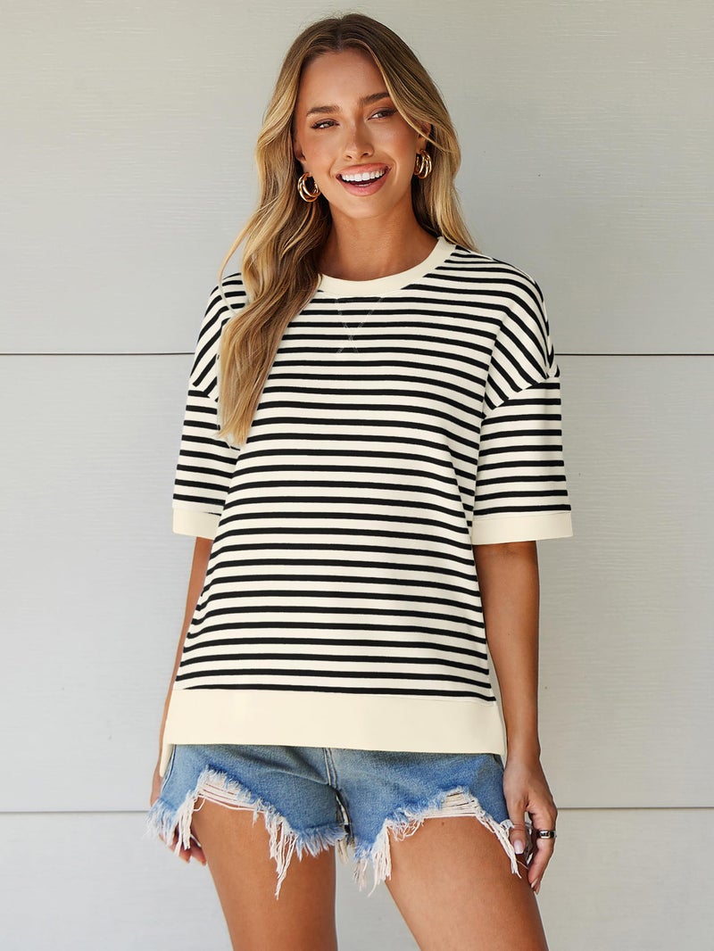 Glamaker Short Sleeve Lightweight Sweatshirt For Women Crewneck Striped Shirt Pullover Tops Loose Blouses Black White L - Image 2