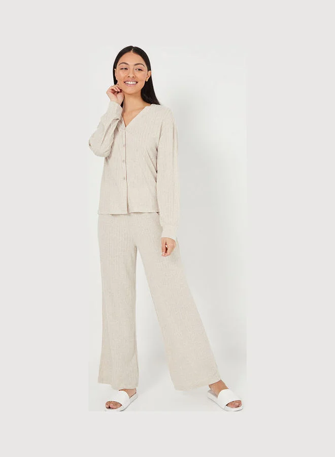 Styli Brushed Melange Wide Rib Cardigan and Trouser Lounge Set