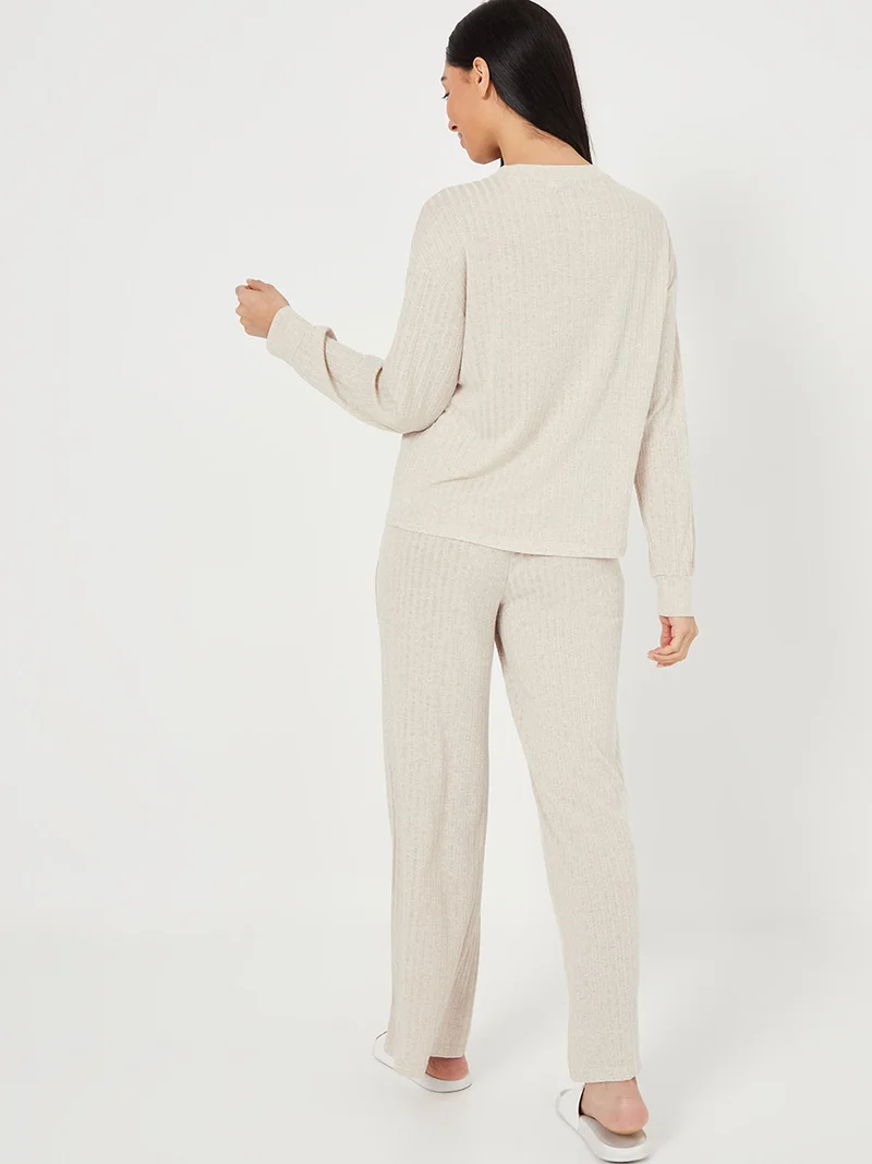 Styli Brushed Melange Wide Rib Cardigan and Trouser Lounge Set