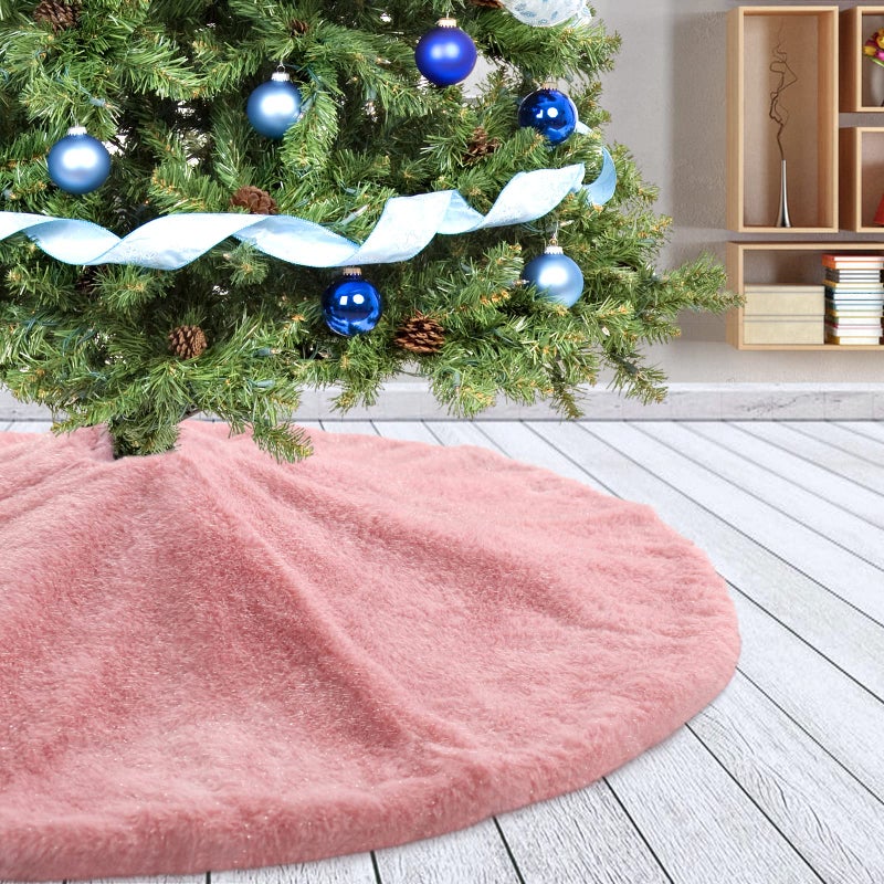 Amidaky Christmas Tree Skirt 48 inch Pink Faux Fur Soft Fluffy Ornaments Xmas Tree Skirts for Xmas Tree Ornaments and Party Holiday Decorations - Image 2