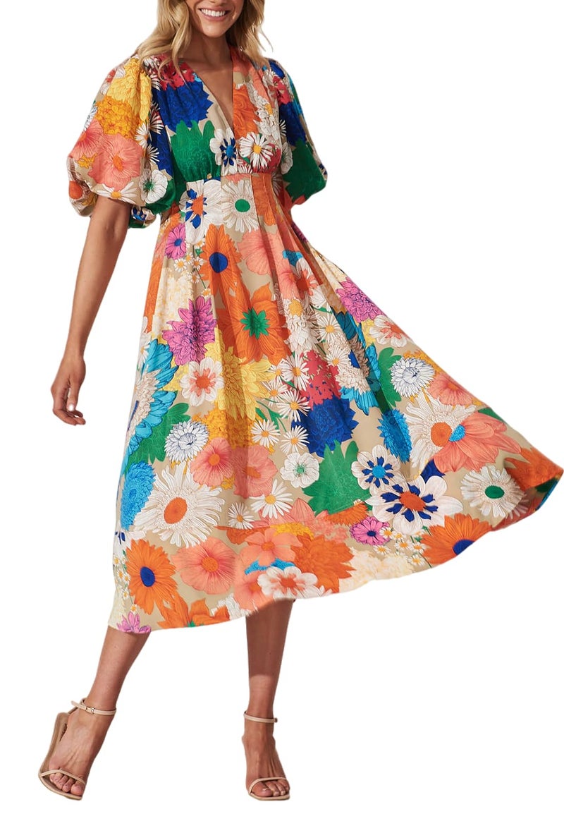Maxigerui Women's Summer Floral Maxi Dress Spring Wedding Guest Dress 2026 Orange Multi Floral L - Image 1