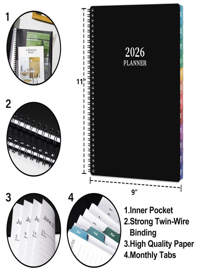 Vondafe 2026 Planner - Planner 2026 Weekly and Monthly, Jan 2026 - Dec2026, 9" x 11", 26 Planner Weekly and Monthly, 26 Calendar Planners with Colorful Tabs, Pocket - Black - Image 3