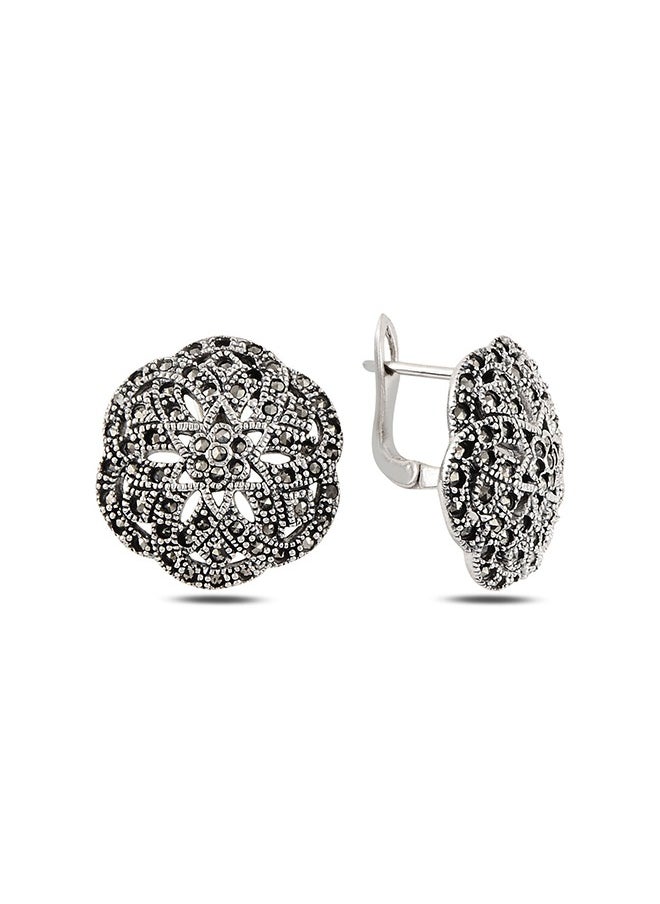 EMNON 925 Silver-Flower Natural Marcasite Latch Back Earrings-High-Quality Jewelry in UAE Dubai 100% Precious Metal Gift for Women-EMNON103EA-E99282 