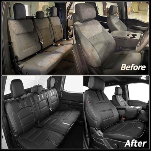 coverdream F150 Seat Covers for 2021-2025 2026 Ford F150 SuperCrew XL,XLT,STX/F150 Lightning(2022-24)/Super Duty(2023-26) XL,XLT,w/No Rear Armrest,Fully Covered,Leather Seat Protector(Full Set,Black) - Image 3