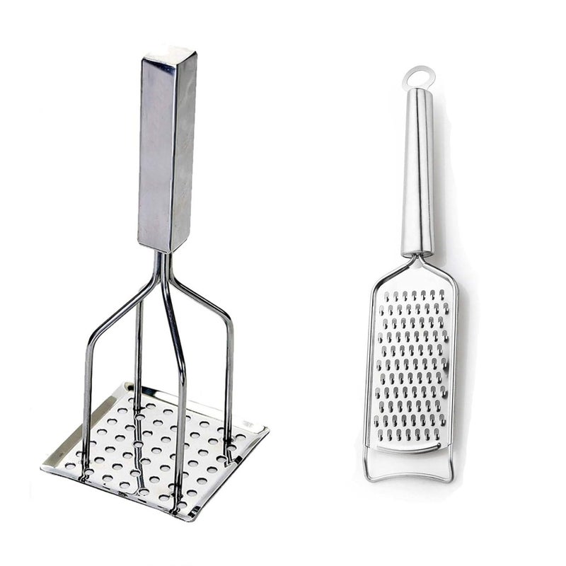 HELIMIX 2 Pack Potato Masher Stainless Steel with Chease Grater Combo Set Vegetable Pav Bhaji Masher Crusher Kitchen Accessories Tool - Image 1