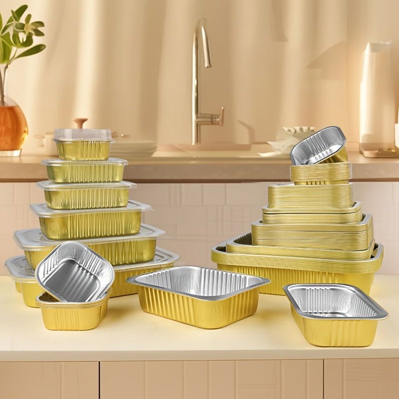 Pack Of 20 Golden Rectangular Aluminum Foil Takeout Boxes With Plastic Lid 10.99oz For Baking Heating And Storage - Image 1