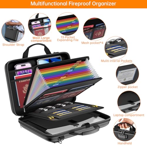 JHSafer Fireproof Document Organizer with Lock,Hard-Shell Case Fireproof Document Box with Shoulder Strap,Portable File Organizer with 13 Pocket Accordion File Folder for Files Laptop Black - Image 5