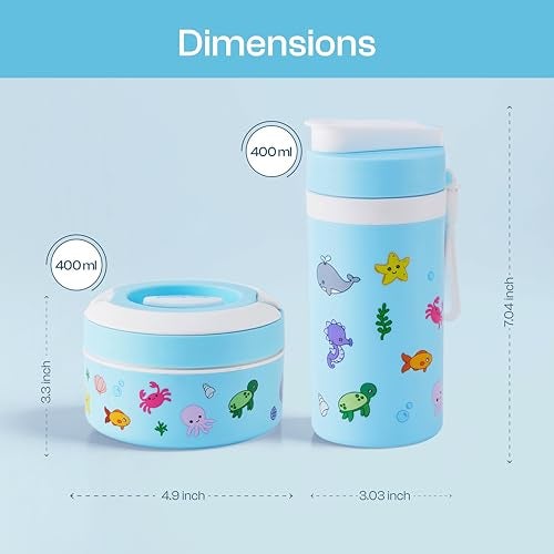 Pinnacle Prime Insulated Tiffin Box & Pixel Insulated Water Bottle Combo for Kids (400ml Each)| Dual Compartment Lunch Box & Stainless Steel Inner Bottle |Ideal for School,Picnic & Gift (Bubble Blue) - Image 2