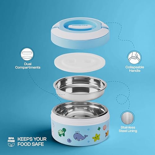 Pinnacle Prime Insulated Tiffin Box & Pixel Insulated Water Bottle Combo for Kids (400ml Each)| Dual Compartment Lunch Box & Stainless Steel Inner Bottle |Ideal for School,Picnic & Gift (Bubble Blue) - Image 4