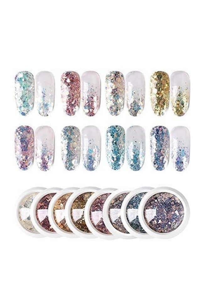 PEACORA 8Pcs DIY Nail Art Gradient Glitter Hexagon Shape, Holographic Nail Glitter Flakes Nails Supply Mermaid Powder Nail Art Decorations Shiny 3D Nail Sequins DIY Manicure - Image 1
