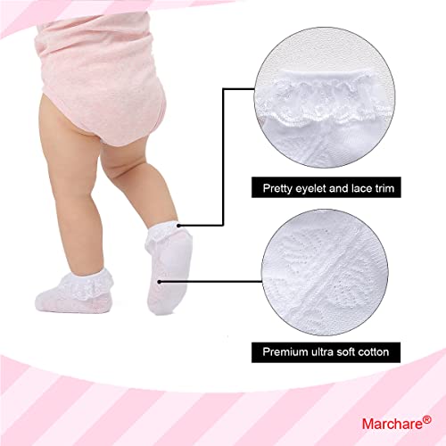 Marchare Baby Lace Socks 3 Pack - Infant Girls' Ruffle Frilly Eyelet Princess Cotton Socks, White 6-12 Months - Image 5
