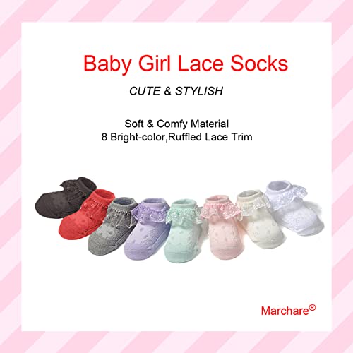 Marchare Baby Lace Socks 3 Pack - Infant Girls' Ruffle Frilly Eyelet Princess Cotton Socks, White 6-12 Months - Image 3