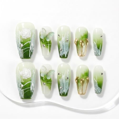 Sun&Beam Nails Handmade Press On Nail Medium Long Coffin Ballerina Green Flower Butterfly Fake Tip 3D Design Art Charms Cute with Storage Box 10 Pcs (#009 M) - Image 1