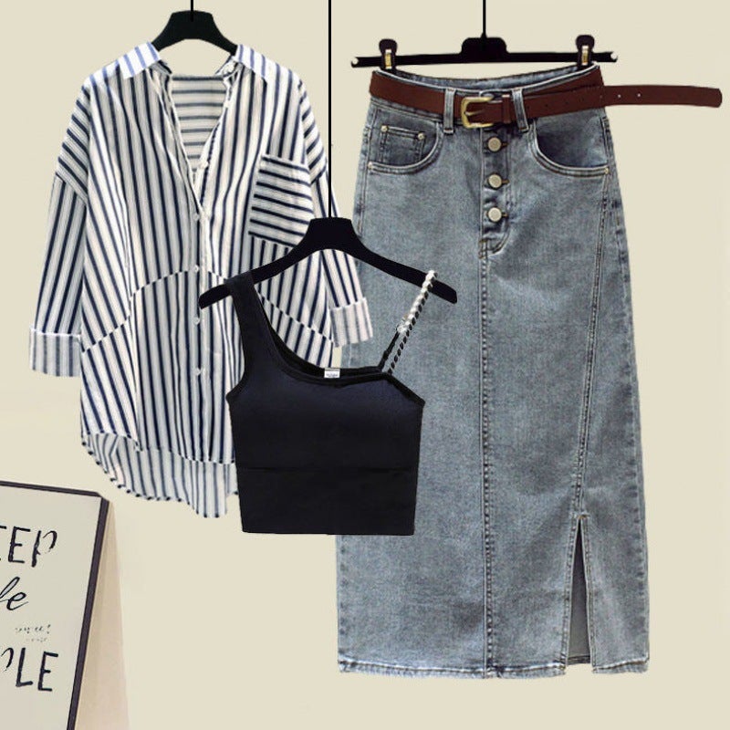 Summer suit Womens 2024 New plus size Womens Striped Shirt Inner Strap with Denim Skirt Three-piece Set Black suspenders white shirt blue skirt [three pieces]]