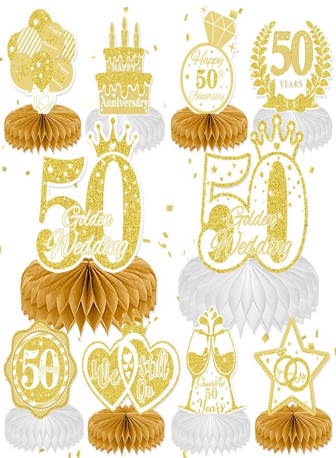 DTOFOOT 10 Pcs 50th Anniversary Decorations, 50th Wedding Anniversary Decorations 50th Anniversary Honeycomb Centerpiece White Gold Happy 50th Wedding Anniversary Party Centerpieces - Image 1